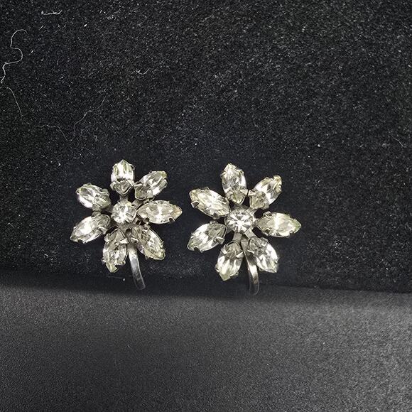 Van Dell Sterling Silver Earrings Rhinestone Flower Screw Back Vintage Jewelry - Picture 5 of 9